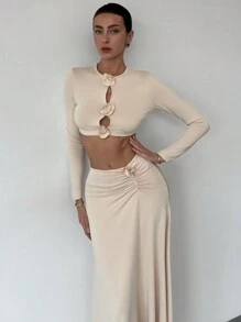 Aloruh 2 chiếc/bộ Áo thun co giãn họa tiết hoa 3D mới & Chân váy midi chữ A trang phục thường ngày thu đông - màu nâu - Xem 7