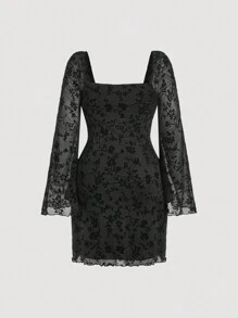 SHEIN MOD Plus Size Square Neck Floral Flocked Ruffle Flare Sleeve Mini Dress - Black - View 2