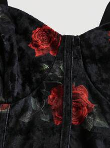 SHEIN MOD Women Elegant Red Floral Velvet Black Midi Dress With Bow Tie And Drawstring,Fall/Winter,Homecoming,Going Out,Wedding - Multicolor - View 8