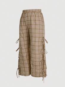 SHEIN MOD Quần ống đứng lưng thun kẻ caro thường ngày cỡ lớn - Nhiều màu - Xem 3