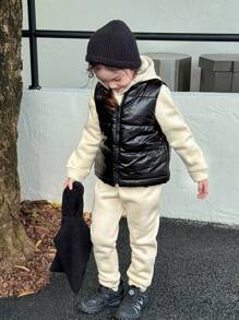 3pcs Young Girl Casual Street Chic Ensemble - Cream Hooded Sweatshirt, Black Padded Vest, And Sweatpants Set, Suitable For Autumn/Winter Leather Outfit For Young Girl - Apricot - View 7
