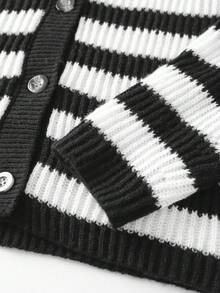 SHEIN Áo len cardigan sọc dài tay cổ chữ V rộng rãi cho bé gái tuổi teen - Đen và trắng - Xem 5