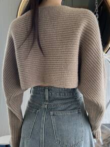DAZY Dames effen ronde hals vleermuismouwen lange mouw cropped losse trui, herfst/winter