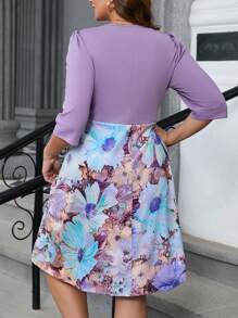 SHEIN Clasi Plus Size 3/4 Mouw 2 In 1 Taille Getailleerde A-lijn Bloemenprint Jurk