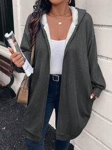 SHEIN LUNE Áo khoác ấm lót vải Jacquard dệt kim cỡ lớn màu tương phản Quần áo mùa đông - Màu xám đen - Xem 4