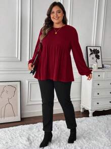 SHEIN LUNE Plus Size Women Solid Color Round Neck Lantern Sleeve Ruffles Hem Casual T-Shirt - Red - View 5