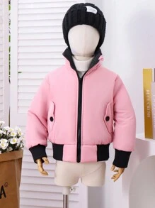 SHEIN Winter Pink Zipper Detachable Collar Pocket Warm Girl Short Windbreaker Fashionable Children Jacket - Pink - View 6