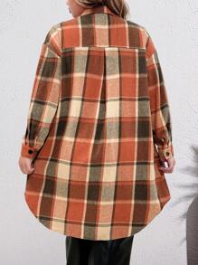 SHEIN LUNE Plus Size Women Plaid Print Front Button Pocket Long Sleeve Dress, Fall Clothes