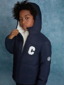 SHEIN Tween Boy Woven Monogram Print Round Patch Hooded Thick Warm Casual Jacket