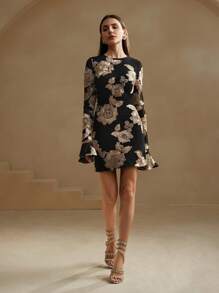 Anewsta Floral Print Round Neck Long Sleeve Casual Short Dress - Black - View 3