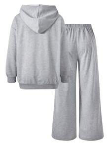 SHEIN 2pcs/Set Teen Girls Comfortable Casual Hooded Zip-Up Sweatshirt And Loose Pants Outfit - Grey - View 8