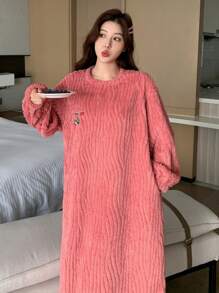 DAZY 可爱恐龙图案纹理法兰绒加厚睡袍 - 粉色 - 查看 8