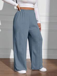 SHEIN EZwear 大码女式纯色松紧腰阔腿宽松休闲裤 - 淺藍色 - 查看 1
