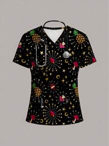 PopScrub Women's V-Neck All-Over Print Distressed Blouse With 2 Pockets - Comfortable Work Uniform Scrub Top