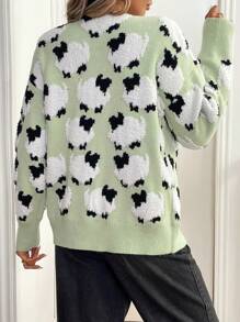 SHEIN LUNE كارديجان أكمام طويلة أمامي بأزرار بياقة على شكل حرف في رقبة بطباعة كرتونية - أخضر - مشاهدة 2
