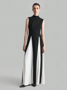 Ontre Women's 2025 Spring New Arrival Stand Collar Sleeveless Black&White Patchwork Dress, Elegant Fashion Party Gown