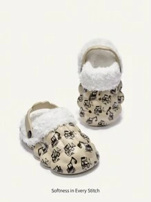 Cozy Pixies 1 双幼儿男孩卡通挖掘机印花可爱室内拖鞋，保暖内衬，适合秋冬季日常穿着 - 卡其色 - 查看 2