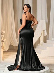 Faeriesty Plus Asymmetrical Neck Ruched Split Thigh Satin Formal Wedding Party Dress, Black Prom Evening Gown, For Wedding Guest, Graduation, Dinner - Black - View 2