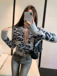 DAZY 女士秋冬豹纹拉链开衫披肩、长袖上衣、秋季女装 - 霧霾藍 - 查看 4