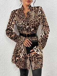 SHEIN Clasi 女士休闲度假立领针织纹理豹纹修身夹克 - 卡其色 - 查看 3