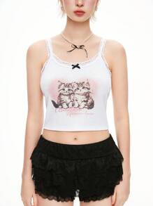 ROMWE Kawaii 女士露背猫咪印花蕾丝边装饰吊带背心 - 白色 - 查看 9
