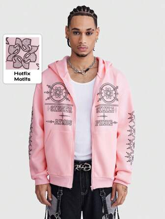 ROMWE Avant Men's Zip-Up Drop Shoulder Drawstring Hoodie With Pocket, Printed Design, School