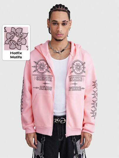 ROMWE Avant Felpa con cappuccio con chiusura lampo, spalle a caduta e cordoncino, con tasca, disegno stampato, adatta per la scuola