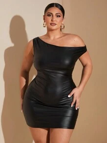 SHEIN BAE 加大码 Curve 女式纯黑色简约百搭 PU 面料不对称肩部褶皱性感迷你派对礼服，适合鸡尾酒会返校舞会 - 黑色 - 查看 3