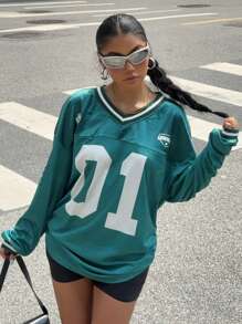 Muchica Women's New Number & Letter Printed Soccer T-Shirt, Back To School Casual Wear