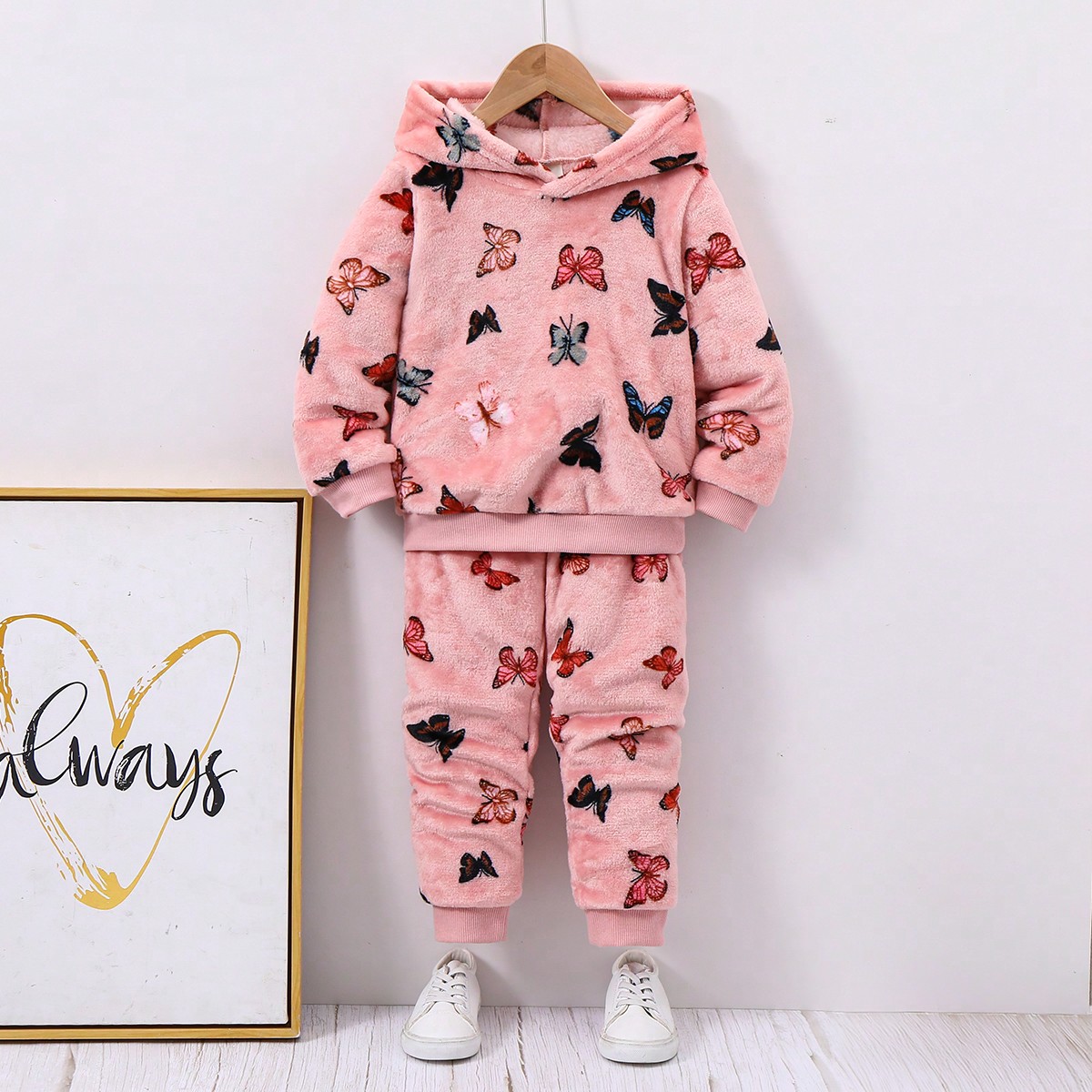 Set de 2 piezas: Sudadera con capucha y pantalones de franela con estampado de mariposa para niña, conjunto casual de otoño/invierno