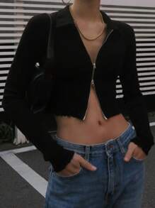 DAZY 女士短款修身T恤长袖女式上衣 - 黑色 - 查看 10