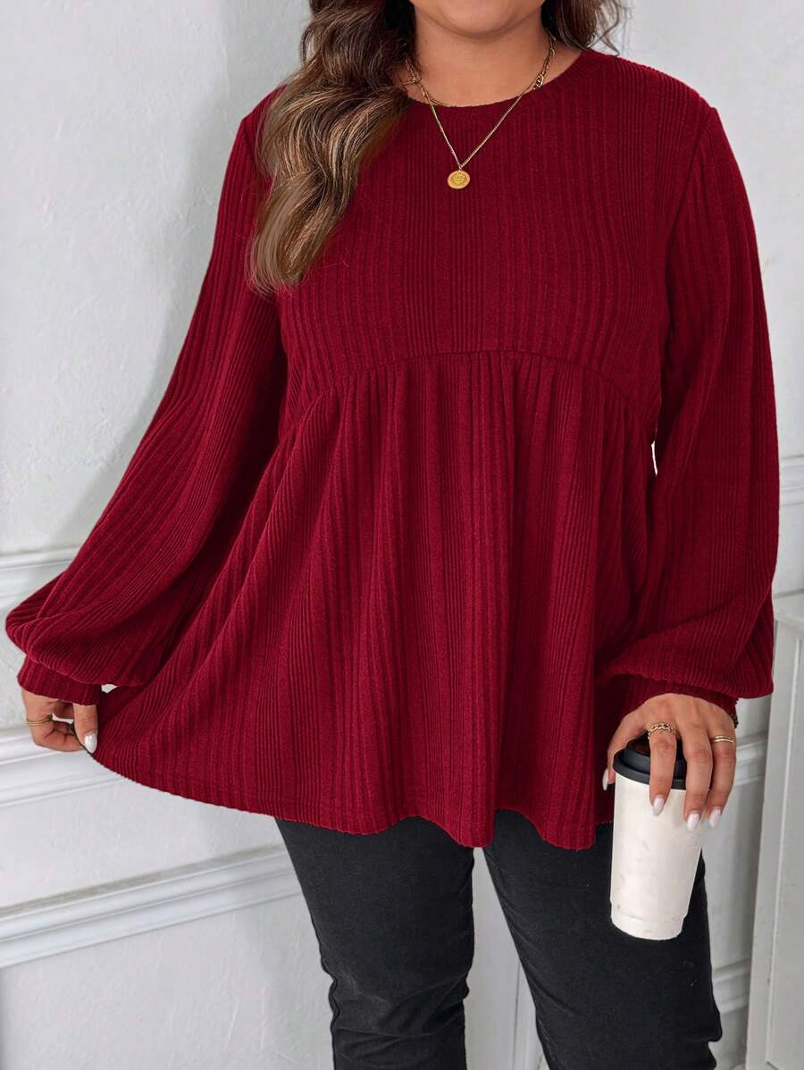 SHEIN LUNE Plus Size Women Solid Color Round Neck Lantern Sleeve Ruffles Hem Casual T-Shirt - Red - View 1