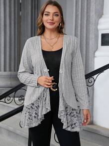 SHEIN Clasi Plus Size Solid Color Lace Patchwork Front Button Long Sleeve Casual T-Shirt Elegant Woman Clothing