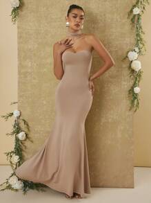 Hauture Solid Color Strapless Elegant Fishtail Sleeveless Dress - Khaki - View 5