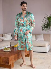 Men's Tropical Plant Printed Belted Long Sleeve Robe