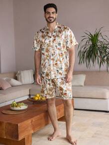 Manfinity ChillVibe 2pcs Men's All-Over Print Button Front Short Sleeve Top And Shorts Pajama Set