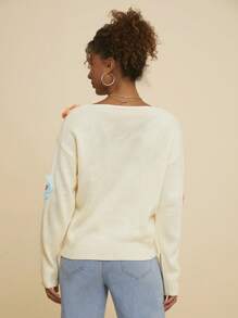 Travachic V-Neck Colorful 3D Floral Loose Casual Women's Long Sleeve Sweater,Fall Women Clothes,Women Sweaters