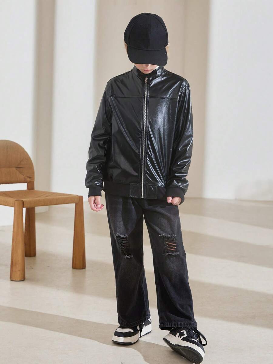 SHEIN Tween Boy Stand Collar PU Leather Fashion Long Sleeve Jacket