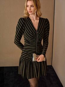 MOTF PREMIUM GLITTER STRIPED PRINT GIGOT SLEEVE V-NECK RUCHED ZIP FRONT RUFFLE HEM SHORT DRESS