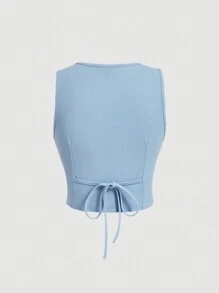 SHEIN MOD 浅蓝色约会之夜前扣 V 型下摆纯色纽扣前背心夹克和前缝裤两件套 - 薄荷藍 - 查看 7