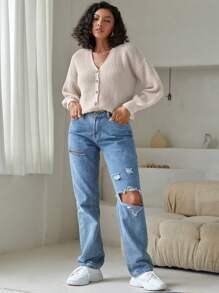 SHEIN LUNE Plus Size Buttoned Drop Shoulder Cardiganbusiness Casual Woman,Holiday Outfits,Country Tops, For Winter - Apricot - View 6