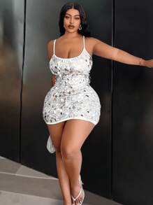 Slaydiva Vestido mini ceñido con escote bajo, sin mangas, con decoración de perlas, para mujer de talla grande, elegante para verano - Plateado - Plateado - Ver 2