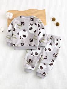 Cozy Pixies 2pcs/Set Baby Boy Panda Graphic Crew Neck Fleece Top And Jogger Pants Winter Outfit Pajama Set