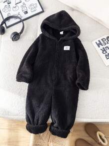 SHEIN Leap Crew 1 件装年轻男孩服装，加厚保暖内衬连帽连体裤，适合通勤、学校、休闲、学院风、学院风、基本款 - 黑色 - 查看 3