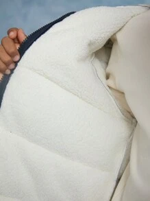 SHEIN Tween Boy Woven Monogram Print Round Patch Hooded Thick Warm Casual Jacket