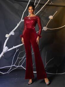 Glamrae Eleganter, wunderschöner, roter, glitzernder Jumpsuit mit falschen roten Perlen und Pailletten, Patchwork-Stretchvelours mit transparenten Ärmeln, geeignet für Hochzeit, Party, Urlaub, Abschlussfeier, Damen Partybekleidung (stark verziert) - Bordeaux - Übersicht 3