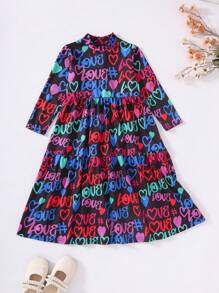 SHEIN Young Girls Energetic Letter Full Print Casual Dress, Young Girls Long Sleeve Polyester Blend Comfortable Princess Dress, Children Autumn Winter Outfit - Multicolor - View 1