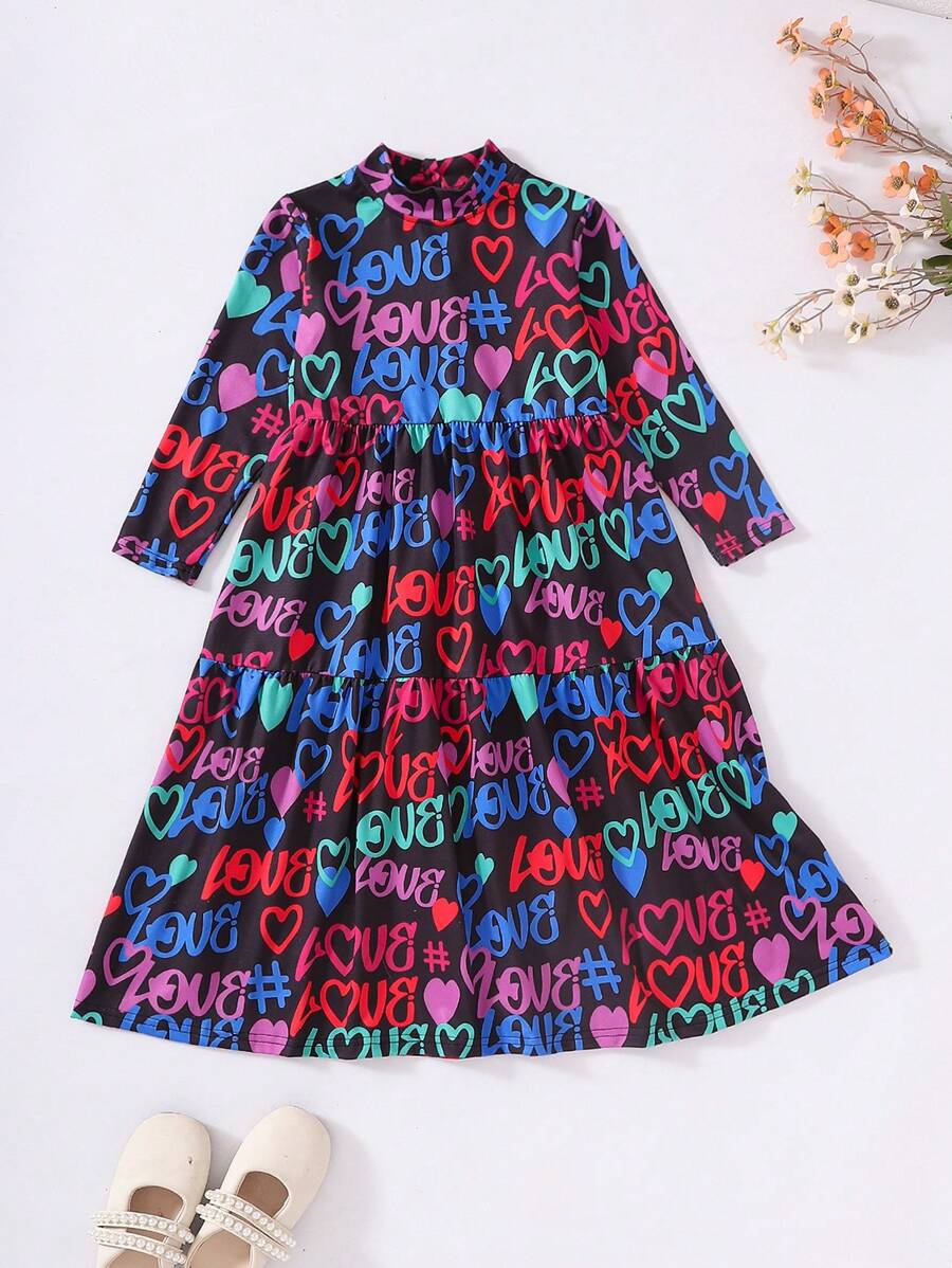 SHEIN Young Girls Energetic Letter Full Print Casual Dress, Young Girls Long Sleeve Polyester Blend Comfortable Princess Dress, Children Autumn Winter Outfit - Multicolor - View 1