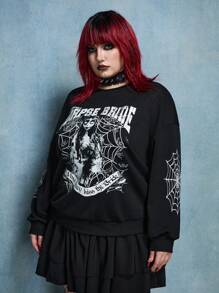 Corpse Bride X SHEIN Plus Size Casual Cartoon Character & Slogan Loose Fit Drop Shoulder Sweatshirt, Spring And Autumn Winter Fall - Black - View 5