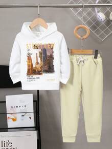 SHEIN 2pcs/Set Young Boy Casual Breathable Letter Print Hooded Sweatshirt And Jogger Pants Outfit, Suitable For Daily, Outdoor, School, And Shopping, Spring/Autumn - White - View 8